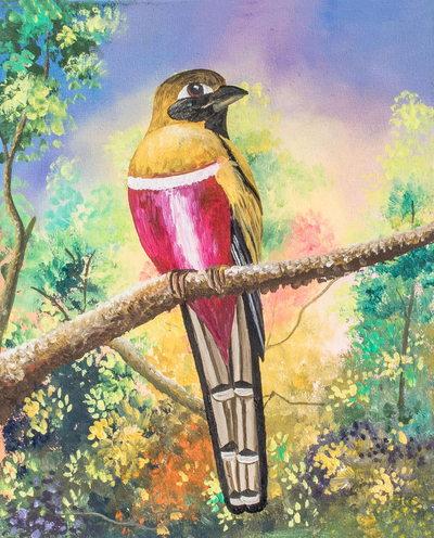 Signed Painting of a Red-Breasted Bird from Guatemala