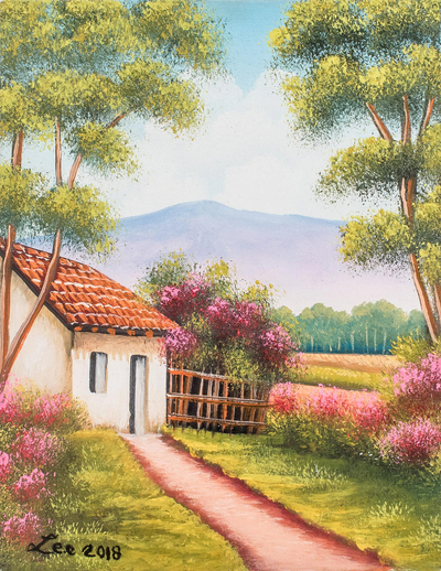 Signed Painting of a Countryside Cottage from Guatemala