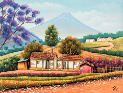 Signed Painting of Village Cottages from Guatemala