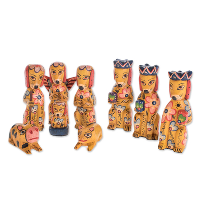 Dog-Themed Wood Nativity Scene from Guatemala (9 Piece)