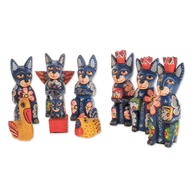 Cat-Themed Wood Nativity Scene from Guatemala (9 Pieces)
