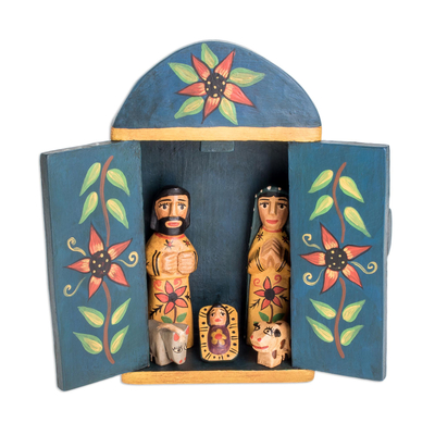 Wood Retablo Nativity Scene from Guatemala (7 Piece)
