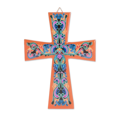 Decoupage Wood Cross with Orange Accents