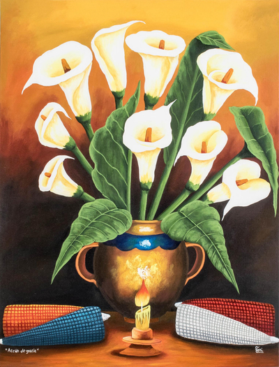 Still Life Painting of Calla Lilies and Corn from Gutaemala