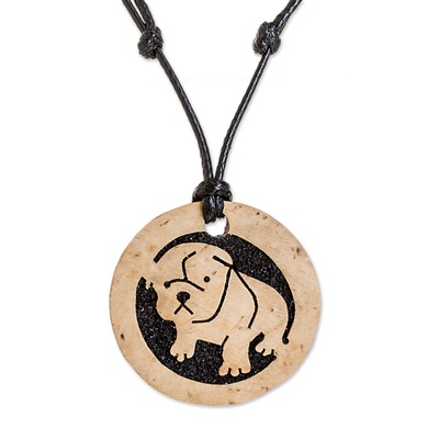 Coconut Shell and Lava Stone Bulldog Pendant Necklace