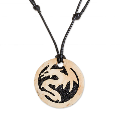 Coconut Shell and Lava Stone Dragon Pendant Necklace