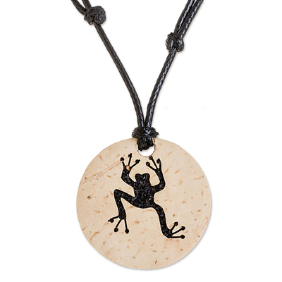Coconut Shell and Lava Stone Frog Pendant Necklace
