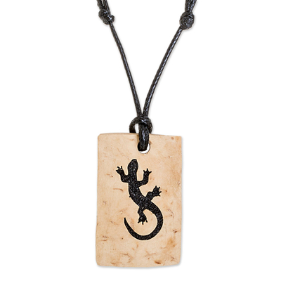 Coconut Shell and Lava Stone Gecko Pendant Necklace
