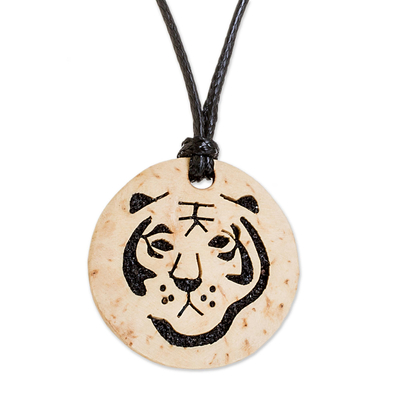 Coconut Shell and Lava Stone Tiger Pendant Necklace