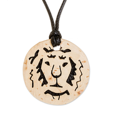 Coconut Shell and Lava Stone Lion Pendant Necklace