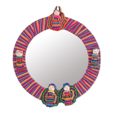 Circular Cotton Wall Mirror with Worry Dolls from Guatemala