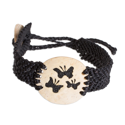 Butterfly Motif Coconut Shell and Lava Stone Bracelet