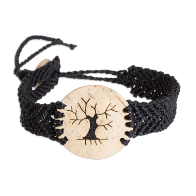 Coconut Shell and Lava Stone Tree Pendant Bracelet