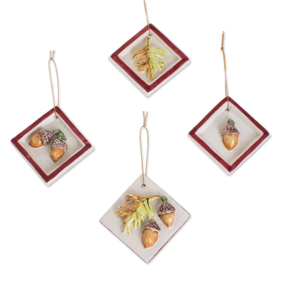 Acorn and Leaf Motif Ceramic Ornaments in Red (Set of 4)