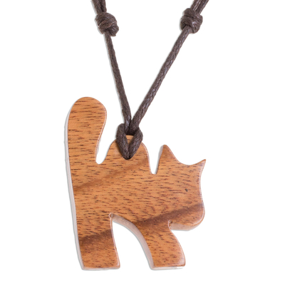 Jobillo Wood Cat Pendant Necklace from Costa Rica