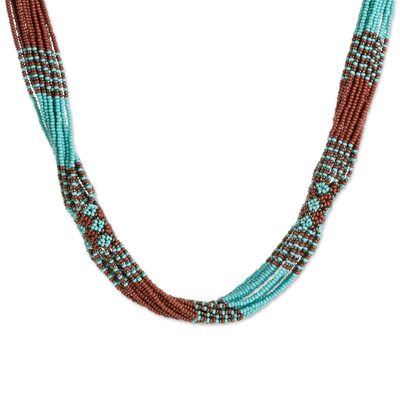 Brown and Turquoise Blue Glass Beaded Strand Necklace