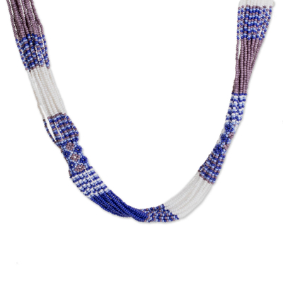 Blue and White Glass Beaded Strand Necklace from Guatemala