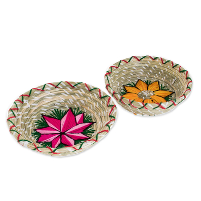 Embroidered Natural Fiber Baskets from Guatemala (Pair)
