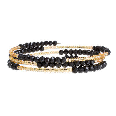 Black and Gold-Tone Glass and Crystal Beaded Wrap Bracelet