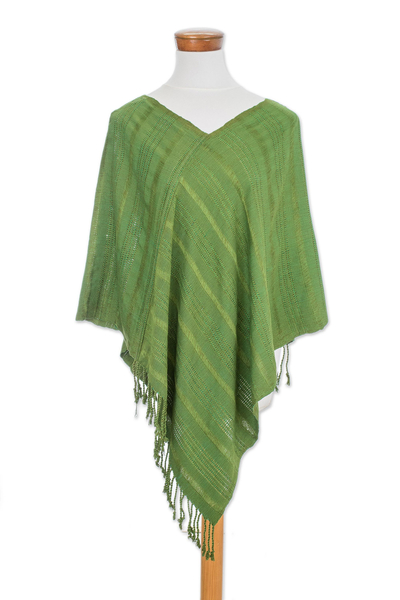 Textured Cotton Poncho in Green from Guatemala