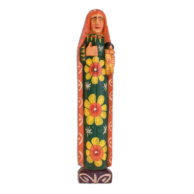 Floral Pinewood Mary Statuette Crafted in Guatemala
