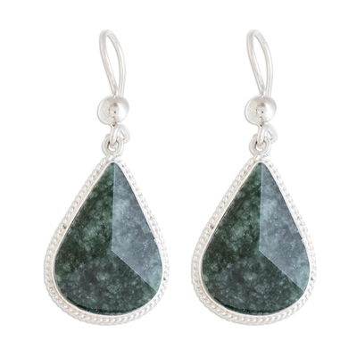 Drop-Shaped Dark Green Jade Dangle Earrings from Guatemala