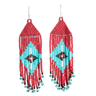 Blue and Red Diamond Pattern Glass Beaded Waterfall Earrings