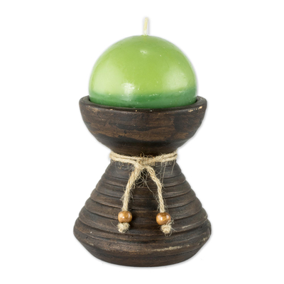 Round Green Candle with Ceramic Candleholder