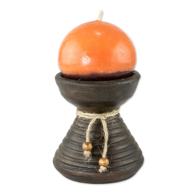 Brown Ceramic Candleholder with Handmade Orange Candle
