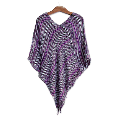 Guatemalan Handwoven Cotton Poncho in Pink and Purple