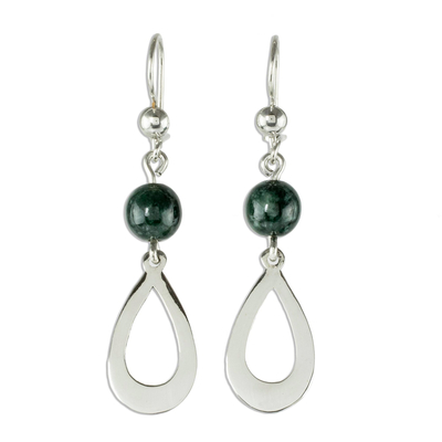Dark Green Jade and Sterling Silver Dangle Earrings