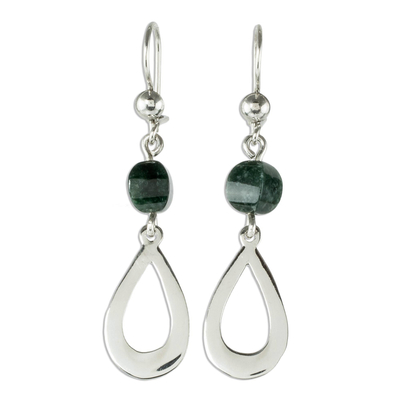 Dark Green Jade and Sterling Silver Dangle Earrings