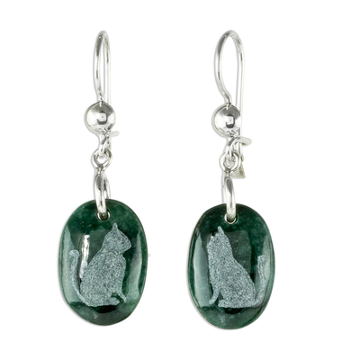 Sterling Silver and Jade Cat Dangle Earrings