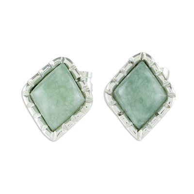 Sterling Silver Stud Earrings with Apple Green Jade Diamonds