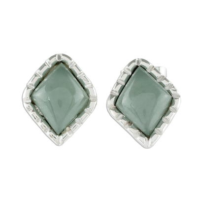 Silver Stud Earrings with Princess Green Jade Diamonds