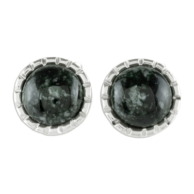 Silver Stud Earrings with Very Dark Green Jade Circles