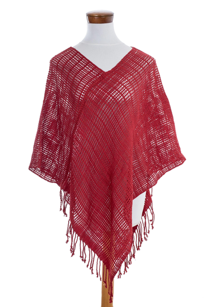 Bright Red Open Weave Cotton Poncho