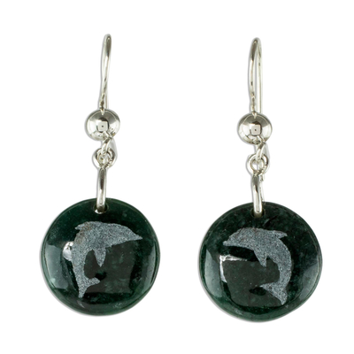 Sterling Silver and Jade Dolphin Dangle Earrings