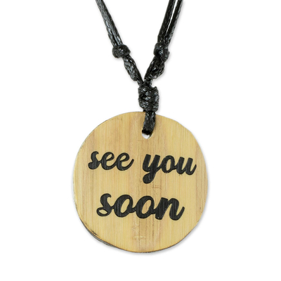 Inscribed Bamboo Pendant Necklace on Cotton Cord