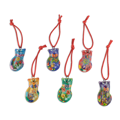 Festive Hand Painted Ceramic Cat Ornaments (Set of 6)