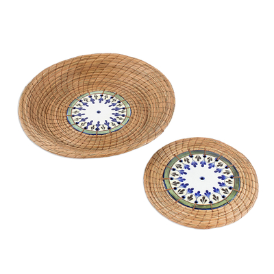 Pine Needle and Ceramic Basket and Trivet (Pair)
