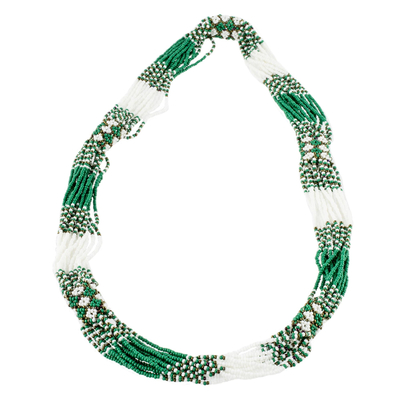 Hand Beaded Long Torsade Necklace in Green