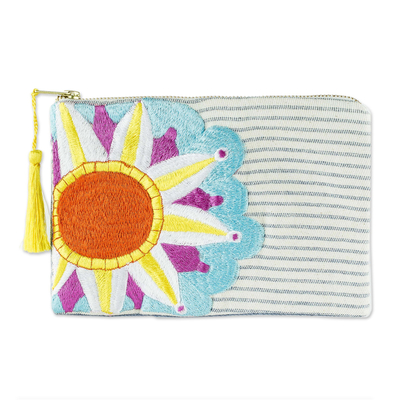 Sun Motif Embroidered Cotton Denim Cosmetic Bag