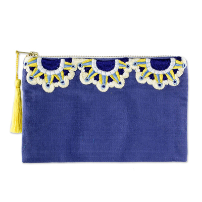 Sun Motif Embroidered Blue Cotton Cosmetic Bag