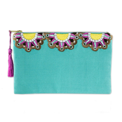 Sun Motif Embroidered Turquoise Cotton Cosmetic Bag