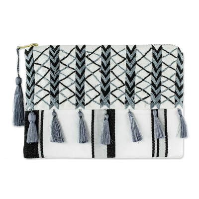Black & Grey Embroidered White Cotton Cosmetic Bag