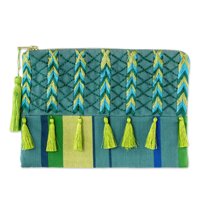 Green & Blue Embroidered Turquoise Cotton Cosmetic Bag