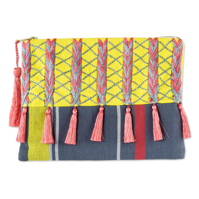 Pink and Yellow Embroidered Grey Cotton Cosmetic Bag