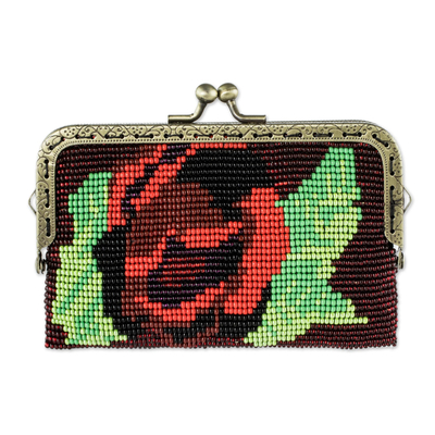 Beaded Black Clutch Handbag with Crimson Rose Motif