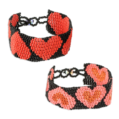 Pink and Red Heart Motif Beaded Friendship Bracelets (Pair)